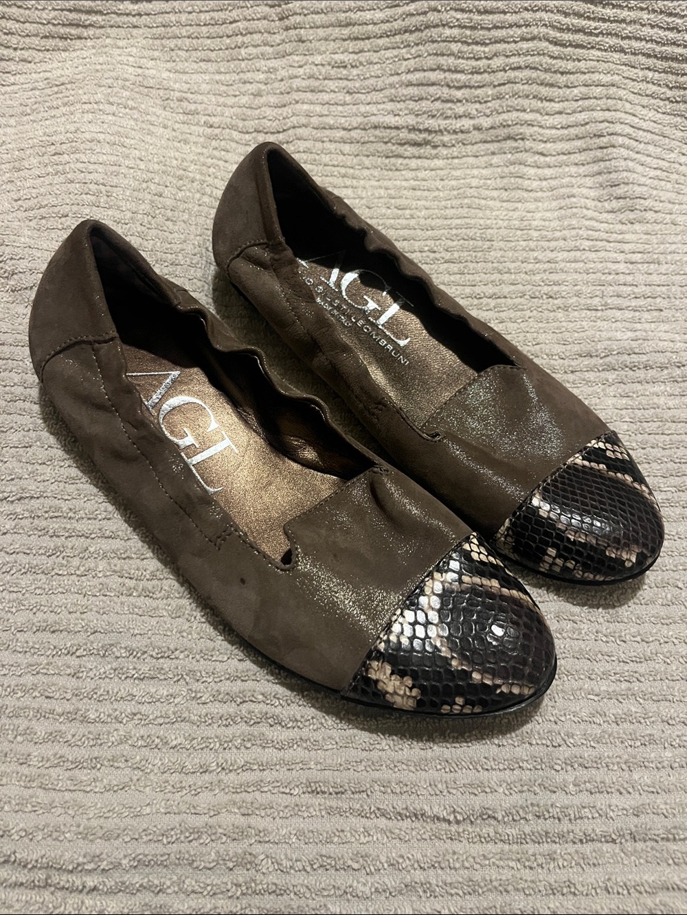 Plush AGL Olive Brown Suede Ballet Flats with Snake-Print Cap Toe